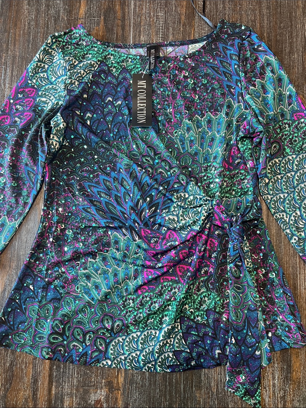 NWT MT Collection Teal & Purple Peacock-Print Long Sleeve Tie-Front Top